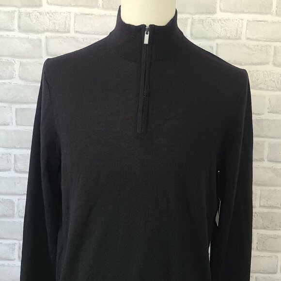 Saks Fifth Avenue Black Sweater Merino Wool Blend Pullover 1/4 Zip L NEW Staple - Picture 2 of 8